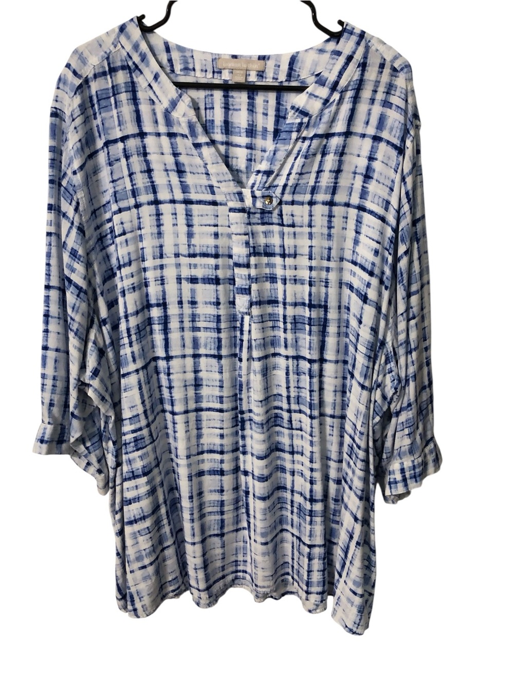 Woman Within Blue and White Plaid V-Neck 3/4 Sleeve Tunic Top Size 4X
